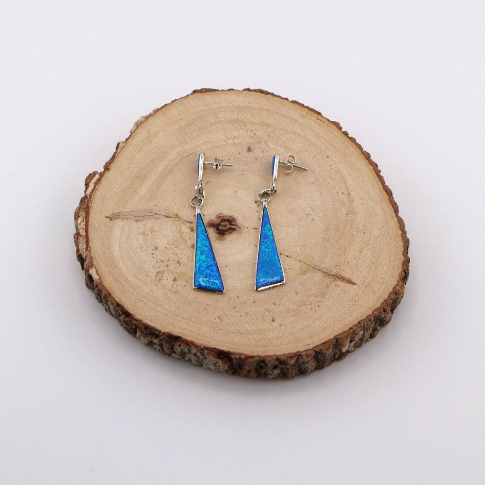 Zuni Offset Triangle‎ Dangle Earrings Sterling Silver Opal Native American** - Picture 4 of 11
